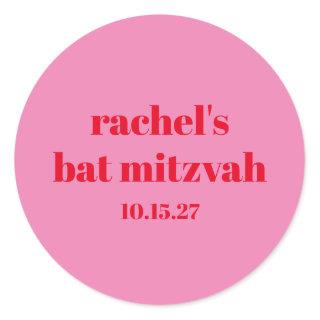 Custom Bold Typography Pink Red Modern Bat Mitzvah Classic Round Sticker