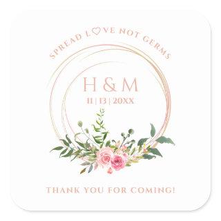 Custom Botanical Wreath in Pink Wedding Sanitizer Square Sticker