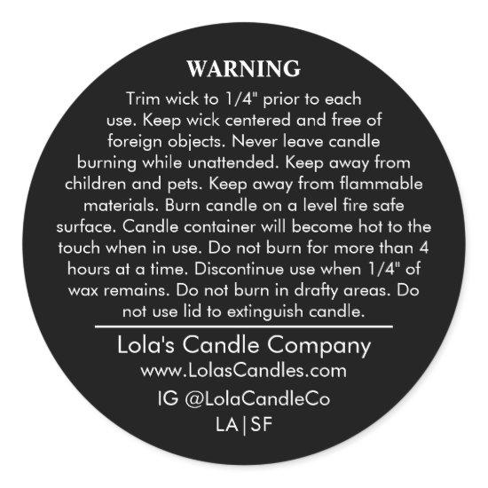 Custom Candle Warning Label Black on White Matte