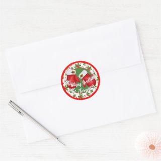 Custom Classic Holiday Green Holly Red Berries Classic Round Sticker