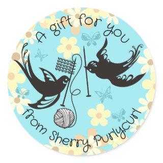 Custom color birds knitting needles ball of yarn classic round sticker
