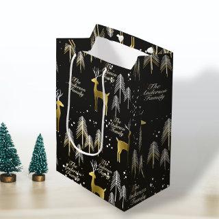Custom Family Name Black Gold Reindeer Christmas Medium Gift Bag