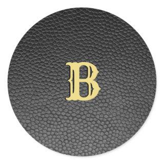 Custom Faux Black Leather Monogram Classic Round Sticker