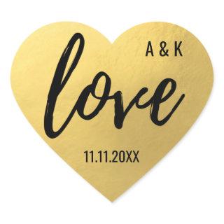 Custom Faux Gold Foil LOVE Script Black Wedding Heart Sticker