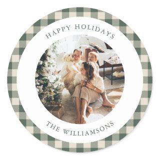 Custom Forest Green Plaid Rustic Photo Christmas Classic Round Sticker
