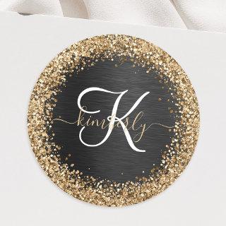 Custom Gold Glitter Black Sparkle Monogram Classic Round Sticker