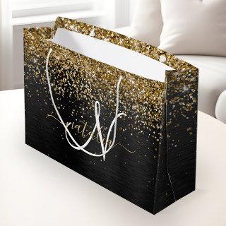 Custom Gold Glitter Black Sparkle Monogram Large Gift Bag