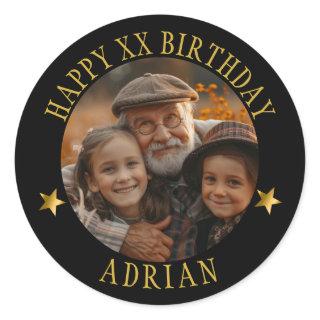 Custom Gold Happy Birthday Photo and Age Name Classic Round Sticker
