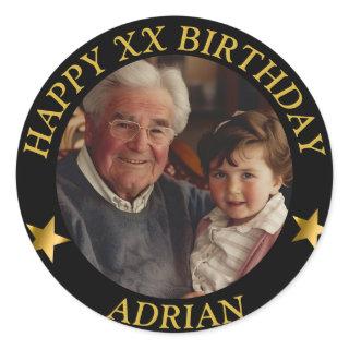 Custom Gold Happy Birthday Photo and Age Name Classic Round Sticker