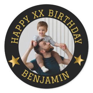 Custom Gold Happy Birthday Photo and Age Name Classic Round Sticker