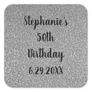 Custom Happy Birthday Name Glittery Silver Grey Square Sticker
