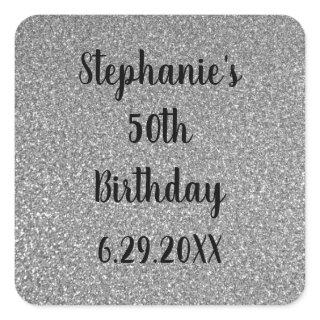 Custom Happy Birthday Name Glittery Silver Grey Square Sticker