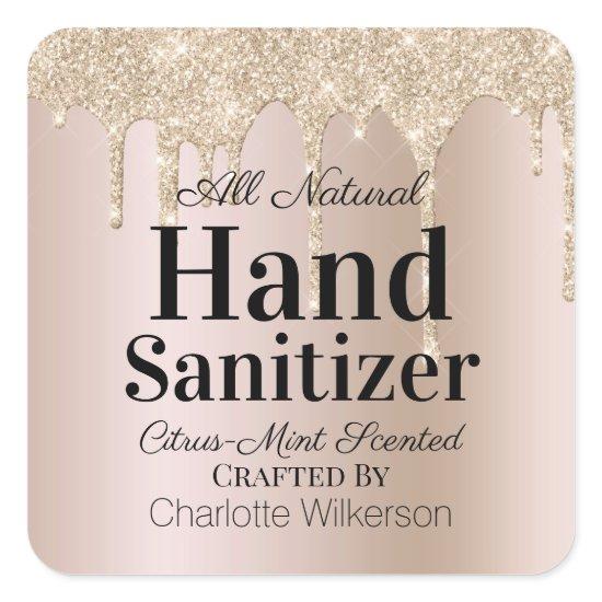 Custom Homemade Hand Sanitizer Gold Glitter Drip Square Sticker