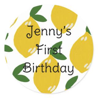 Custom lemon design baby first birthday name cute  classic round sticker