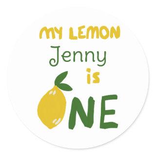 Custom lemon design baby first birthday name cute classic round sticker