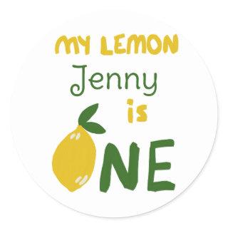 Custom lemon design baby first birthday name cute classic round sticker