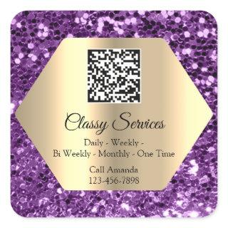 Custom Logo QR Code Gold Frame Name Purple Square Sticker