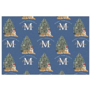Custom Merry Christmas Monogram Tiger & Tree Blue Tissue Paper