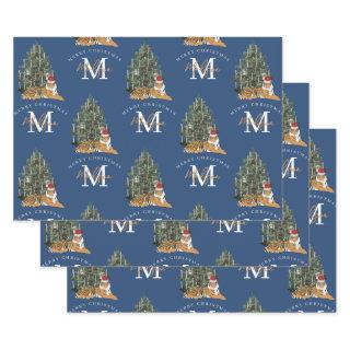 Custom Merry Christmas Monogram Tiger & Tree Blue  Sheets