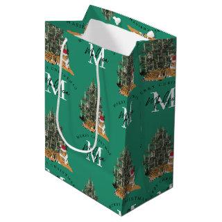 Custom Merry Christmas Monogram Tiger & Tree Green Medium Gift Bag