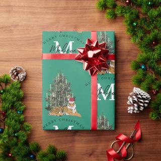 Custom Merry Christmas Monogram Tiger & Tree Green