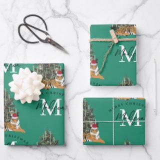 Custom Merry Christmas Monogram Tiger & Tree Green  Sheets