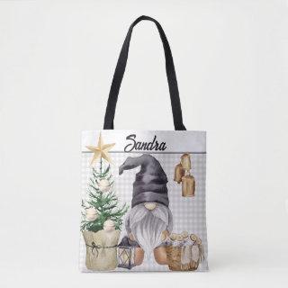 Custom Merry Christmas Watercolor Gnome Plaid Tote Bag
