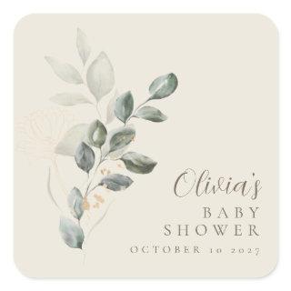 Custom Minimalist Gold Greenery Baby Shower Square Sticker