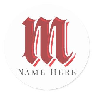Custom Monogram Initial M Gothic Red Classic Round Sticker