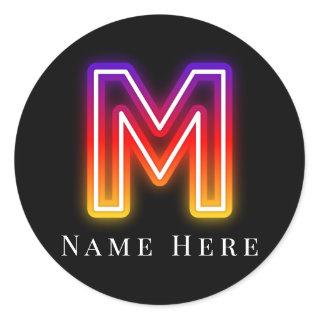 Custom Monogram Initial M Neon Lighting Classic Round Sticker