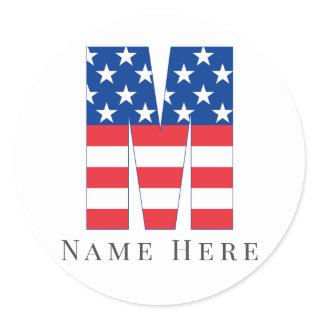 Custom Monogram Initial M USA America Flag Classic Round Sticker