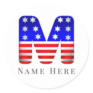 Custom Monogram Initial M USA American Flag Classic Round Sticker