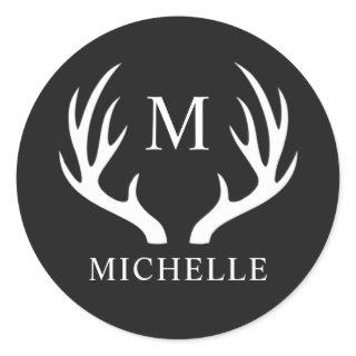 Custom Monogram with Black White Deer Antler Classic Round Sticker