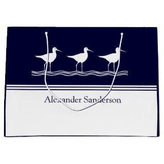 Custom Monogrammed Name Navy Blue Sandpiper Bird  Large Gift Bag