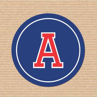 Custom Monogrammed Retro Bold Navy Blue Red Classic Round Sticker
