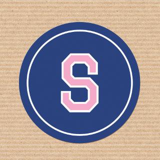 Custom Monogrammed Retro Bold Navy Pink Classic Round Sticker