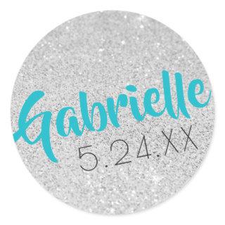 Custom Name Bat Mitzvah Silver Glitter U PICK FONT Classic Round Sticker