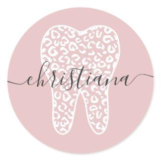 Custom Name Dental Leopard Print Tooth Classic Round Sticker