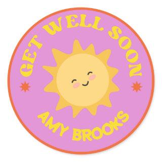 Custom name get well soon text sun on purple classic round sticker
