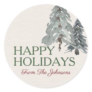 Custom Name Happy Holidays Watercolor Pine Trees Classic Round Sticker