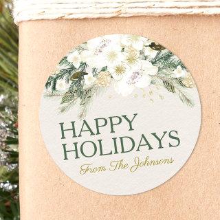 Custom Name Happy Holidays Watercolor White Floral Classic Round Sticker
