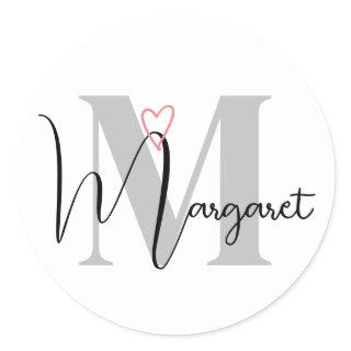 Custom Name Monogrammed Calligraphy Pink Heart  Classic Round Sticker