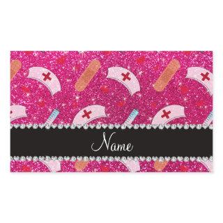 Custom name neon hot pink glitter nurse hats heart rectangular sticker
