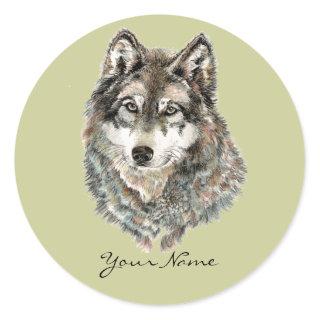 Custom Name or Text Wolf watercolor Animal Classic Round Sticker