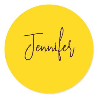 Custom name purple text yellow classic round sticker