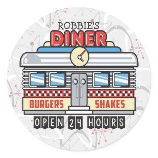 Custom NAME Retro 50s Diner Sign Fifties Atomic Classic Round Sticker