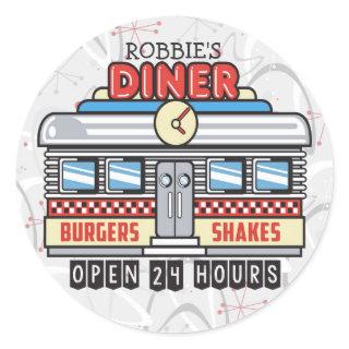 Custom NAME Retro 50s Diner Sign Fifties Atomic Classic Round Sticker