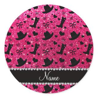 Custom name rose pink glitter cowboy boots hats classic round sticker