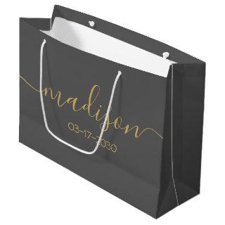 Custom Name Text Girly Feminine Gold Script Gray Large Gift Bag