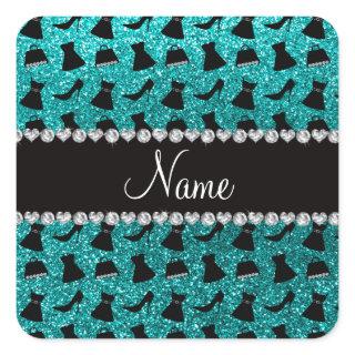 Custom name turquoise glitter high heels dress pur square sticker